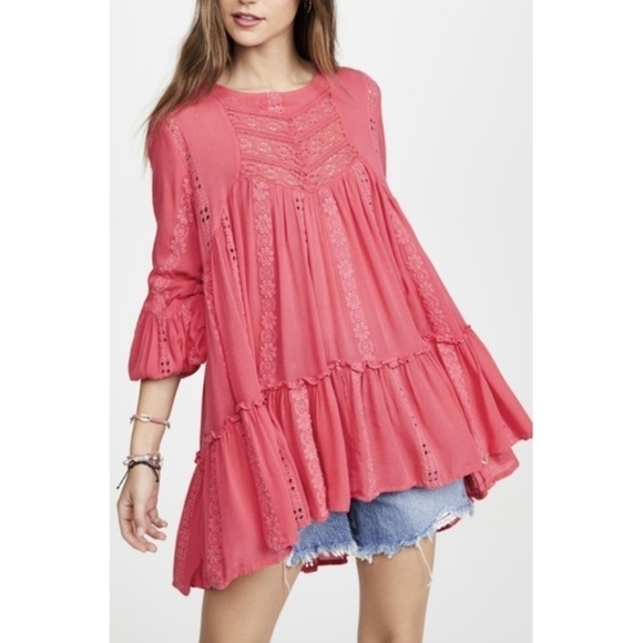 Free People Sweetest Dream Embroidered Long Puff Sleeve Tiered Tunic Top Pink XS - Picture 15 of 16